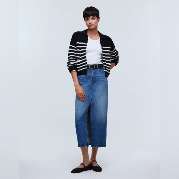 NEW MADEWELL Ribbed Polo Cardigan Sweater in “True Black” stripe - Picture 3 of 9